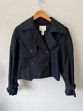 H&M Size XS Navy Blue Cropped Double-Breasted Trench Jacket